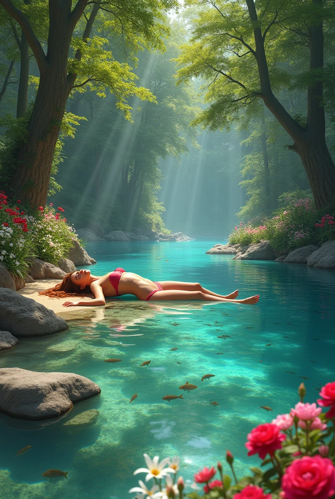 A crystalline river with colorful stones at its bottom, full of small fish of various species, There is a young woman lying in the river waters, the river bank is full of roses and lilies, there are many beautiful trees around the river