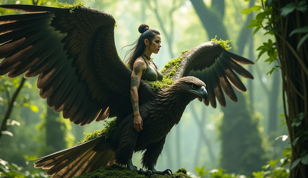 Elf woman riding a Japanese Eagle, 20 years old, moss growing on her skin, disgusting, dirty