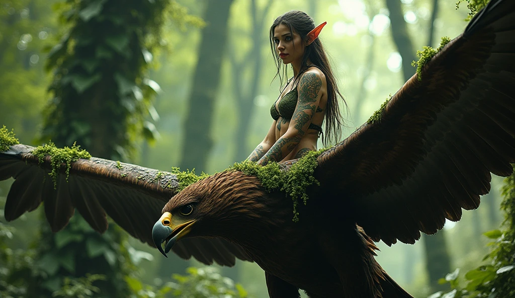 Elf woman riding a Japanese Eagle, 20 years old, moss growing on her skin, disgusting, dirty