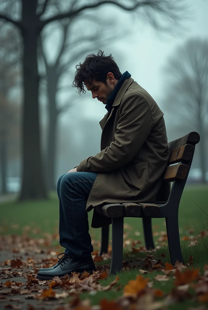 A sad man sitting alone on a bench in a park saying 'yan mota'