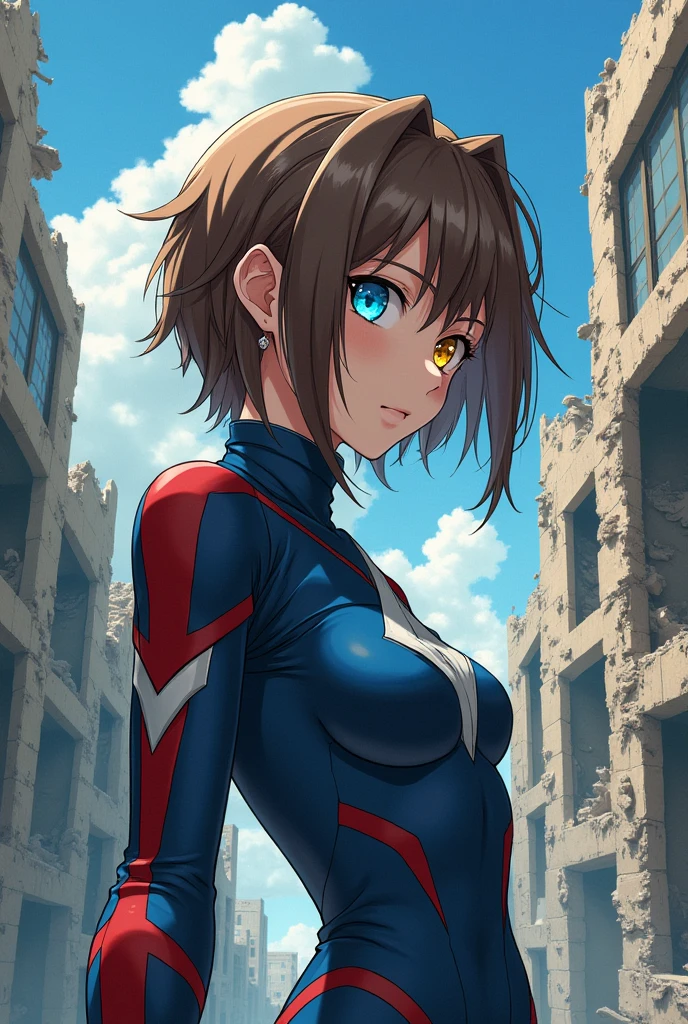 Chica anime by Jujutstu kaisen . MAPPA studios art style . Girl short brown messy hair. the left eye blue . The right eye is yellow. dreams of a Jujutstu kaisen suit. Her skin is white . Diamond face shape. With a background of destroyed buildings. I don't want any other kind of anime to come out .