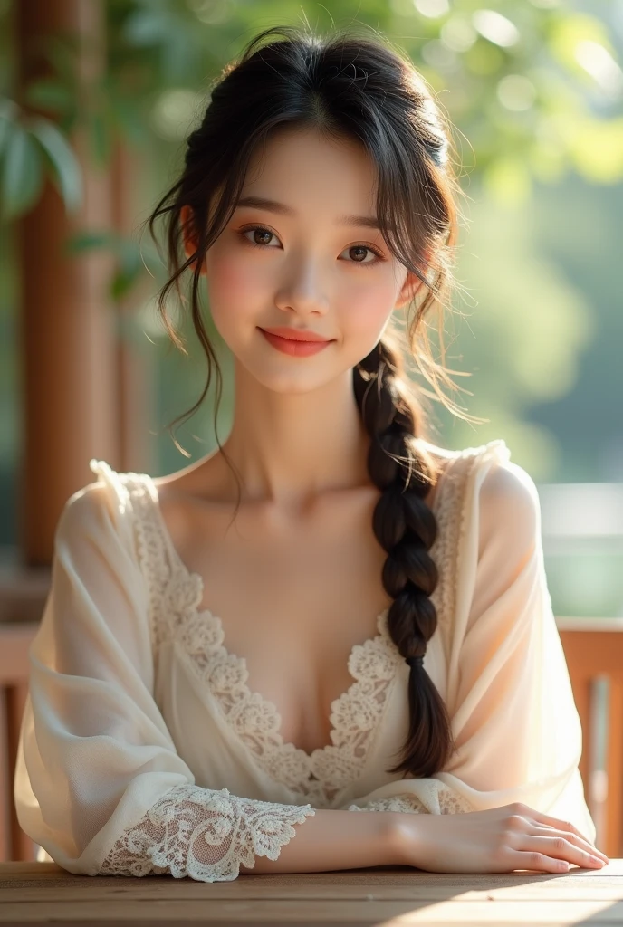 Tabletop, Highest quality, figure, Very detailed, In detail, High resolution, 8k wallpaper, Perfect dynamic composition, Beautiful attention to detail, Face Focus, One Japanese person,
Soft Light,Lace blouse ,Braided Hair,Natural color lip, ,smile,Outdoor、18 year old beauty、cute、looking at the camera