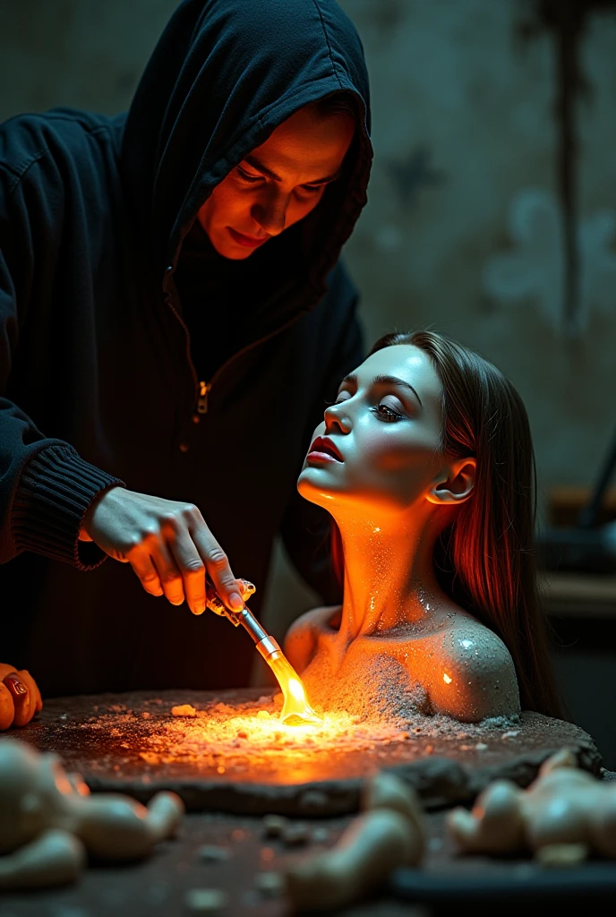 They melt ceramic on a woman's face to forcibly turn her into a human doll, stuffing her with filler and giving her a pair of glass eyes.