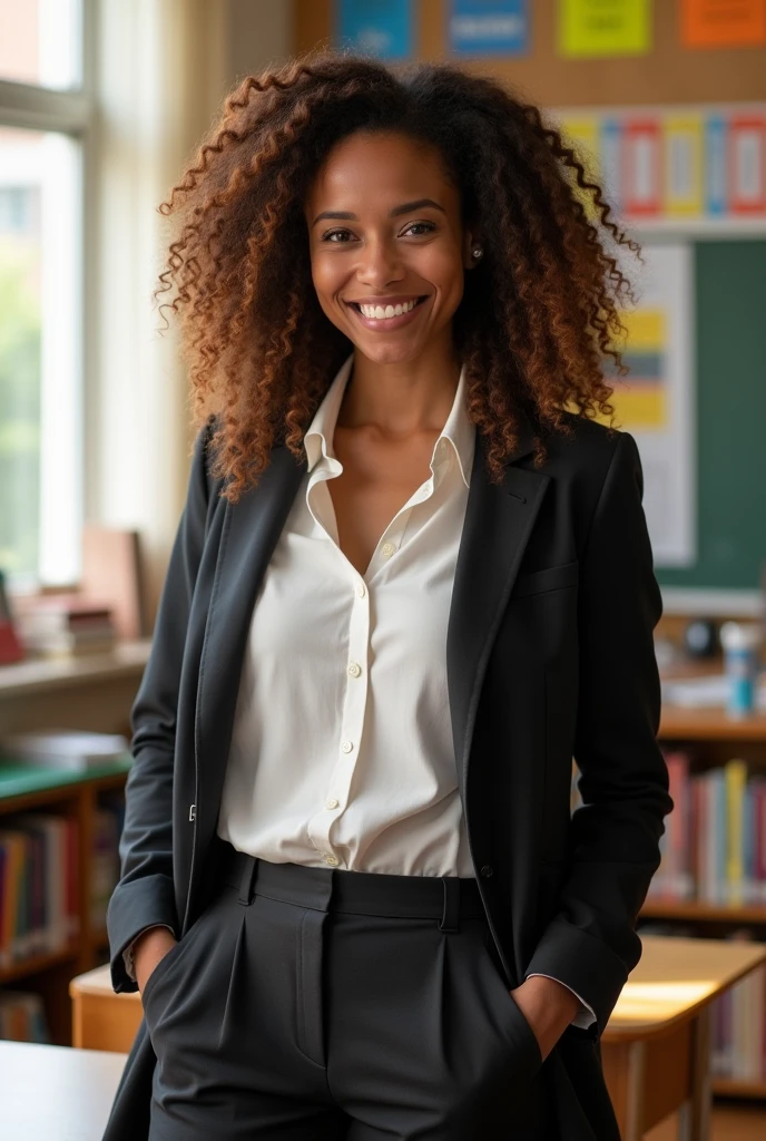 a mulatto woman with wavy hair who dresses like a teacher