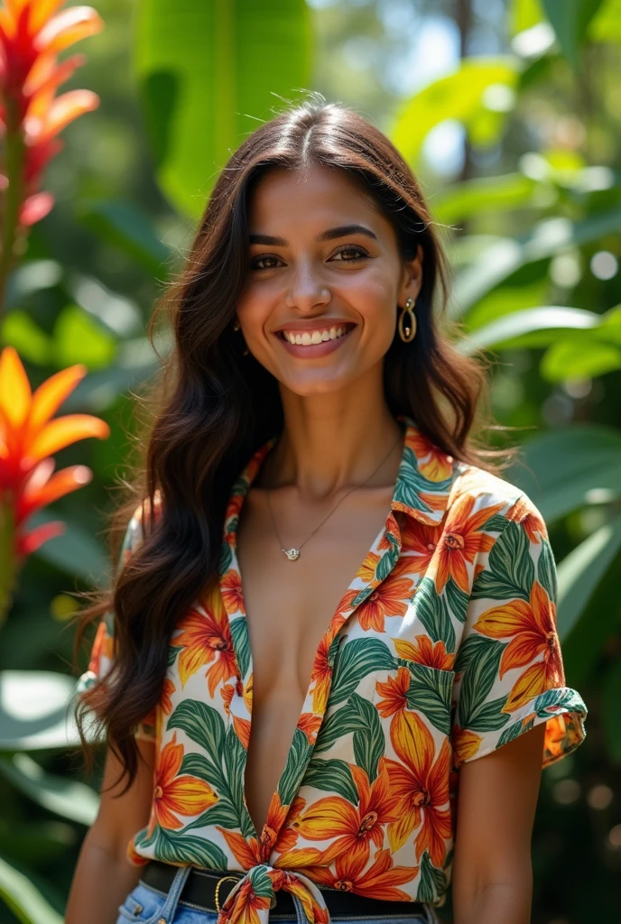 A Brazilian woman in a lush tropical garden, wearing an open shirt with a floral print, with a close-up capturing the harmonious beauty between her breasts and the natural flowers, showing off your natural charm and outgoing personality.