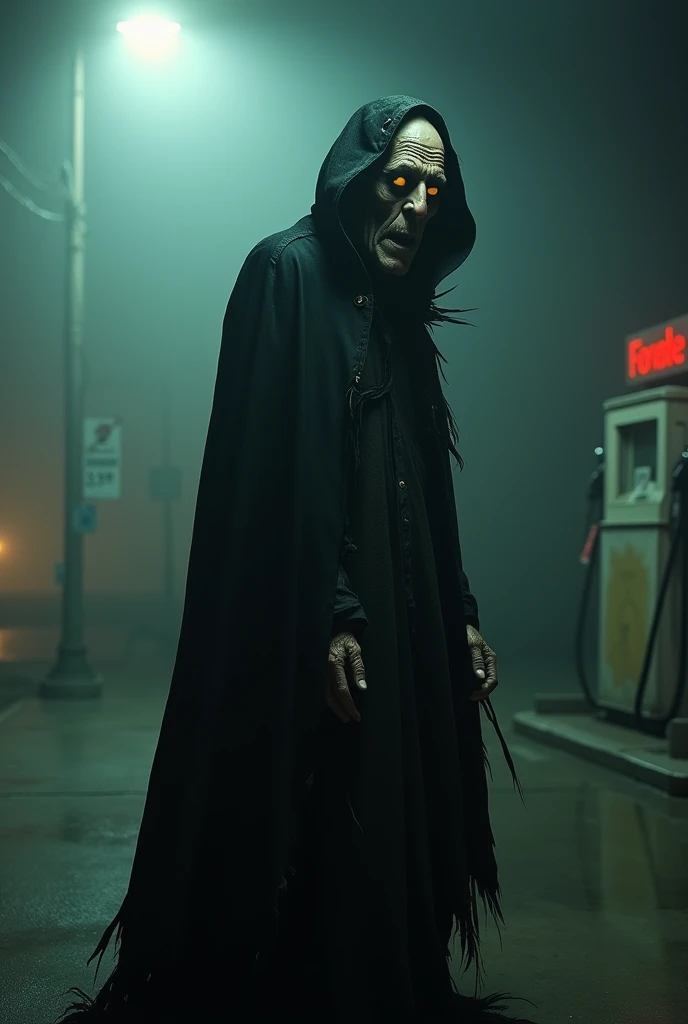 very old man, It looks like a corpse, Half of his face deformed, angry look, short gray hair, pale, wrinkled skin, yellowish pupils, hunched posture, waist up, Penetrating and evil gaze, Long black cape, torn clothes, Raven feather cape on the back, Left side of the body covered with bandages and hood, Fogborn, dark gas station, horror, fear, scary, suspense, mysterious