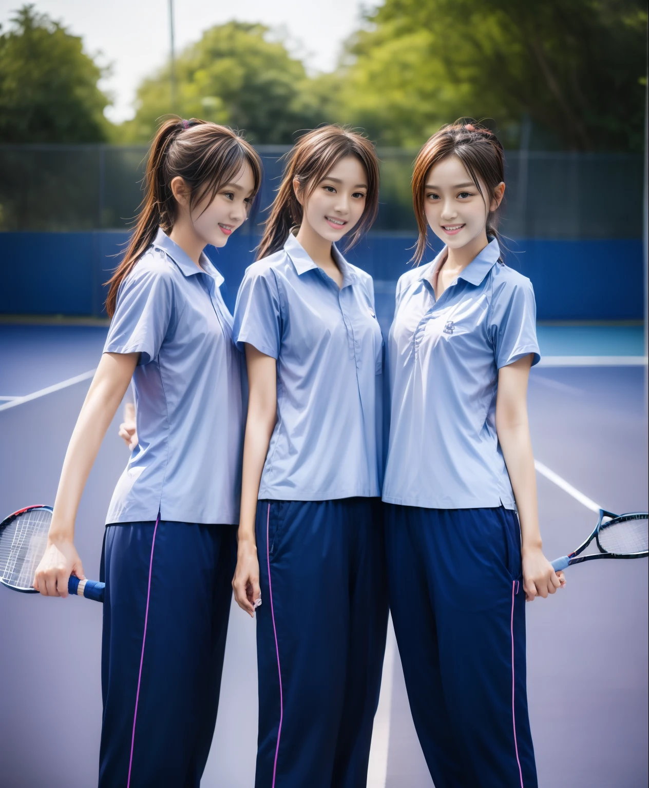 3 girls play tennis at tennis courts, Navy blue short-sleeved shirt,Navy Long Trackpant,Sweatpants, Sweatpantsขายาว,25 year old girl, lesbian, sexy, exercise clothes, wet body, exercise clothes