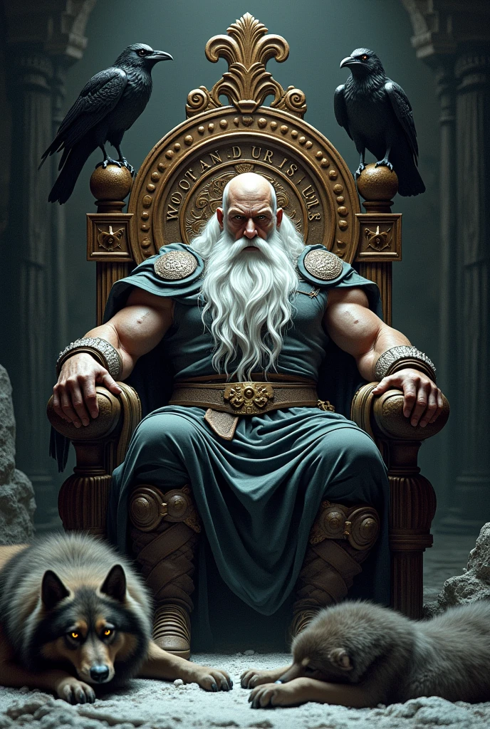Imagine the Viking god Odin sitting on his throne,His gray wolf and his two raven advisors, above his throne, the phrase in German,Wotan With Us!!
