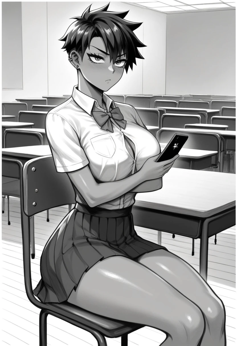 1female, 1girl, Monochrome, slightly dark skin, skirt, Japanese high school skirt, tight dress shirt, medium tomboy haircut, medium tomboy hairstyle, sexy soft face, sexual face, extremely feminine face, female jawline, manga style, (angled front side view image, pov front angled side profile view), ((((extremely big breasts, extremely Wide hips, extremely big ass, thick thighs, thicc, busty, big ass)))), black choker, annoyed face, annoyed expression, annoyed face, slightly annoyed expression, crisscross hair clip on left side of hair, spiky piercing, simple spiky ear piercing, spiky ear piercing on each ear, detailed spiky ear piercing, super detailed, masterpiece, 8k image, beautifully detailed, sitting down, sitting on Japanese’s school chair, in club room, interior Japanese high school club room, good hand anatomy, feminine hands, good finger anatomy, subject is looking at phone in right hand, right hand hold a phone, phone in right hand, looking at phone in hand, left arm under breasts, left arm beneath breasts, left arm underneath chest, detailed ear piercing anatomy, atomically correct cross ear piercings,