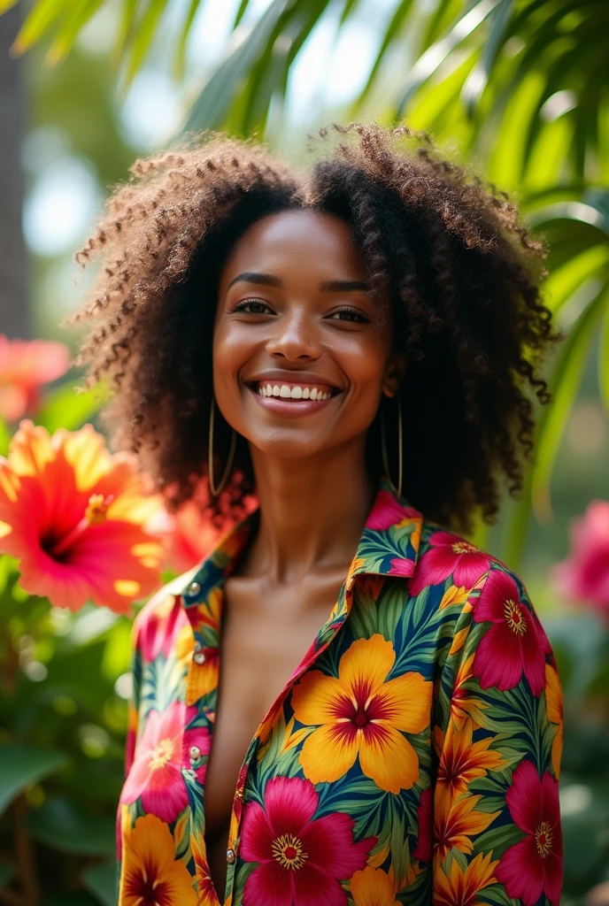 A Brazilian woman in a lush tropical garden, wearing an open shirt with a floral print, with a close-up capturing the harmonious beauty between her breasts and the natural flowers, showing off your natural charm and outgoing personality.
