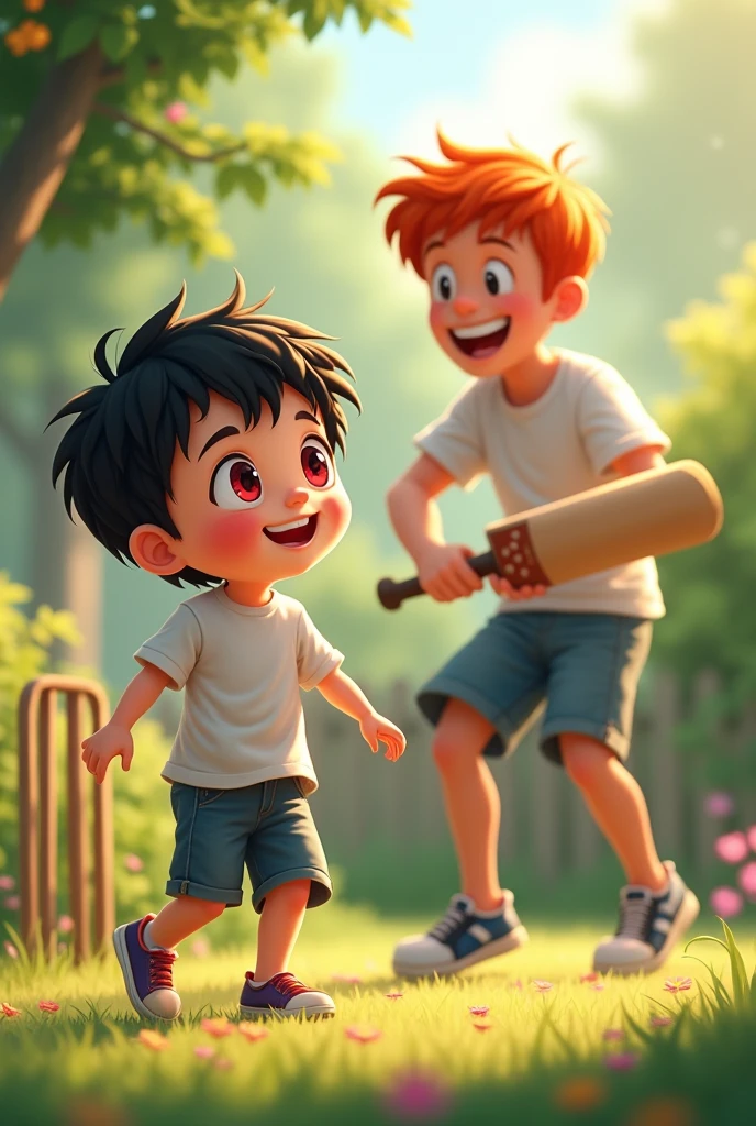 Top Quality, Masterpiece, Black Hair, Red Eyes, Looking Up, Upper Body, Kawaii, Ruffled Shirt, Smile,Red Hair father and son playing cricket in backyard