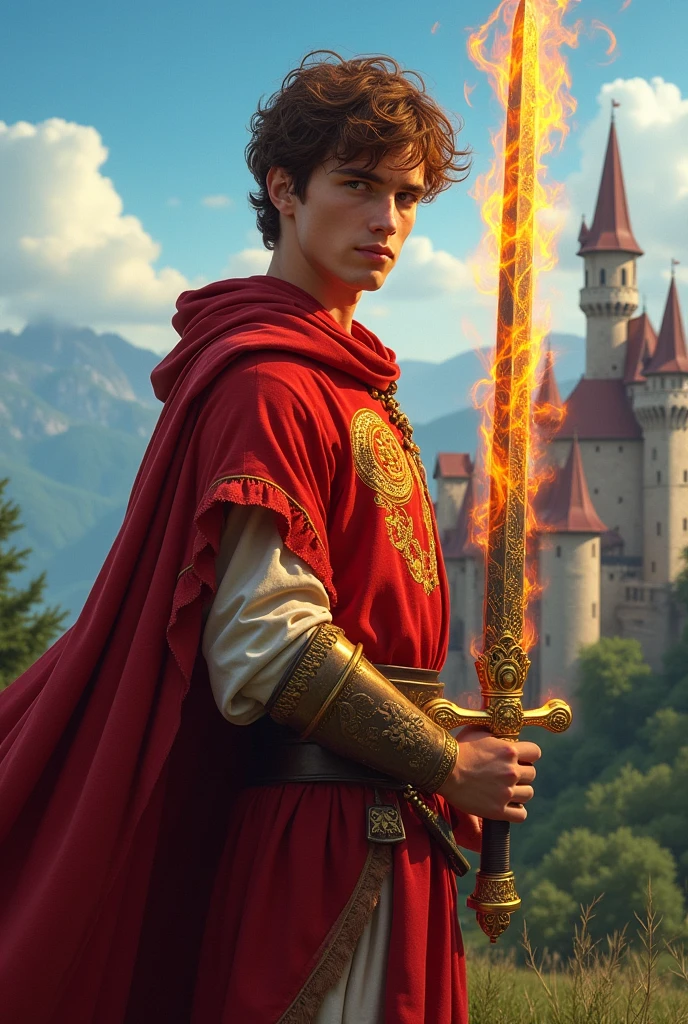 create a character in the medieval era.
An 18-year-old man , with short brown hair ,standing 6 feet tall, weighing 80 kilos.
Wearing a red outfit and a flaming sword