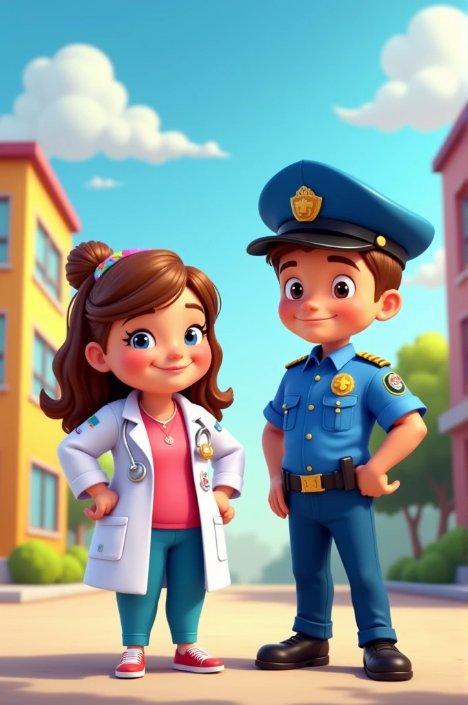 A fat girl doctor with a tall police boy in the bbildin cartoon image