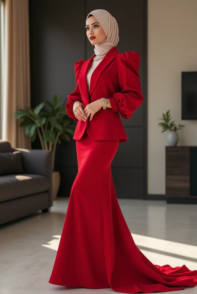 Hijabi women wear two-piece office dress set, pencil maxi skirt, wear red peplum blazer with puff sleeves, skirt have a very long train about 7 meter long, wear jewellery, sexy pose in office room