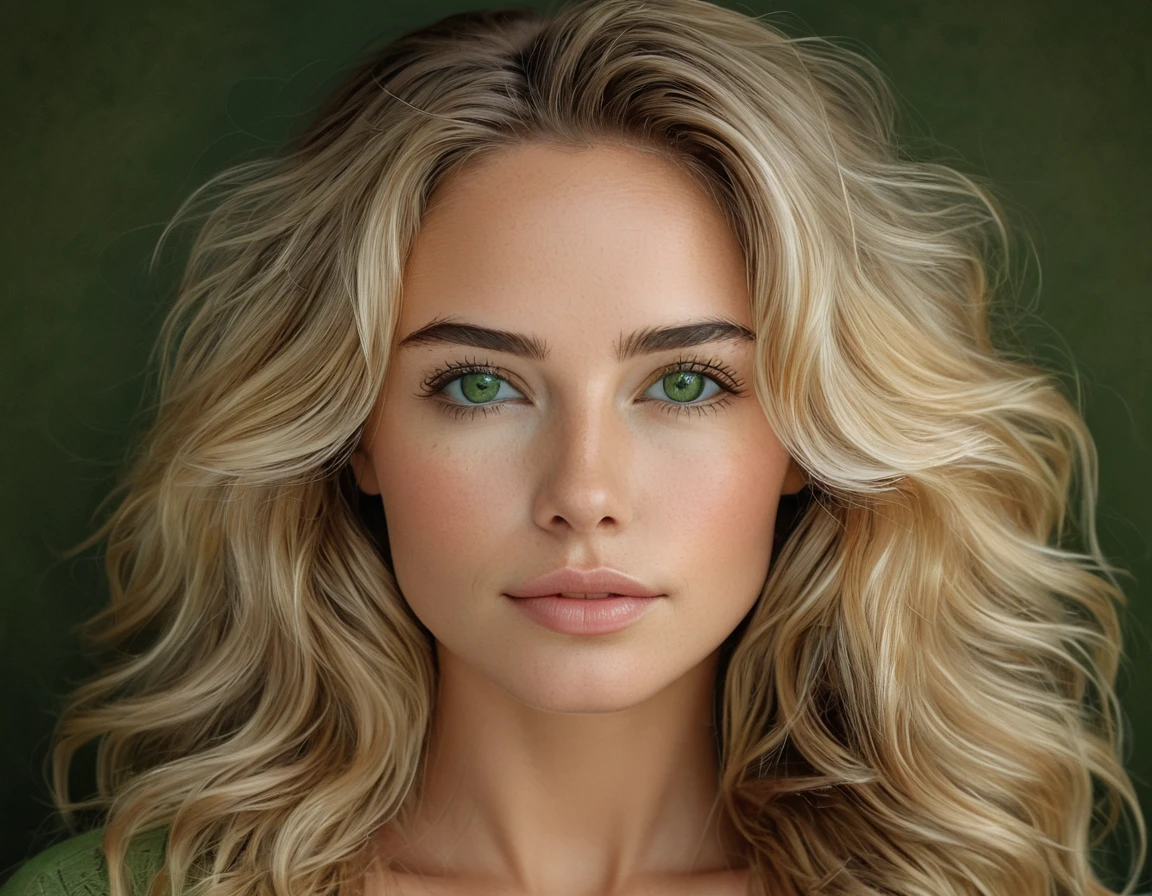 (Beautiful Brazilian woman:1.5), (25-years-old), fair skin, long wavy blonde_hair, (Heart-shaped face), (High Protruding Cheekbones:1.7), (sexy Almond shaped eyes), (beautiful Green Eyes:1.6), Thick eyebrows, hard-angled-eyebrow, (Cupid's bow shaped mouth), (Full lips), (Photorealistic:1.4), Alluring, (Toned body). (Realistic woman:1.3), captured in 4k realism, (professional portrait: 1.3), (best quality,4k,8k,highres,masterpiece:1.2),ultra-detailed,(realistic,photorealistic,photo-realistic:1.37),vivid colors,portraits,professional,perfect lighting, ((Best Quality, 8K: 1.3)), Her is positioned in front of a (neutral black backdrop:1.9) with a (deliberately blurred out-of-focus area around her head:1.2) to draw attention to her facial features. The subject's face is directly centered within the frame. A (subtle, controlled studio strobe:1.3) casts a flattering, even light on her skin, producing a sense of intimacy and vulnerability. (High-key lighting:1.4). The focus is sharply rendered, showcasing intricate details on her skin, hair, and clothing. (Slight, subtle shadow under her jawline:1.1). The overall atmosphere is calm, elegant, and inviting, SFW.