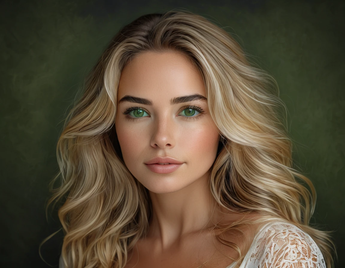 (Beautiful Brazilian woman:1.5), (25-years-old), fair skin, long wavy blonde_hair, (Heart-shaped face), (High Protruding Cheekbones:1.7), (sexy Almond shaped eyes), (beautiful Green Eyes:1.6), Thick eyebrows, hard-angled-eyebrow, (Cupid's bow shaped mouth), (Full lips), (Photorealistic:1.4), Alluring, (Toned body). (Realistic woman:1.3), captured in 4k realism, (professional portrait: 1.3), (best quality,4k,8k,highres,masterpiece:1.2),ultra-detailed,(realistic,photorealistic,photo-realistic:1.37),vivid colors,portraits,professional,perfect lighting, ((Best Quality, 8K: 1.3)), Her is positioned in front of a (neutral black backdrop:1.9) with a (deliberately blurred out-of-focus area around her head:1.2) to draw attention to her facial features. The subject's face is directly centered within the frame. A (subtle, controlled studio strobe:1.3) casts a flattering, even light on her skin, producing a sense of intimacy and vulnerability. (High-key lighting:1.4). The focus is sharply rendered, showcasing intricate details on her skin, hair, and clothing. (Slight, subtle shadow under her jawline:1.1). The overall atmosphere is calm, elegant, and inviting, SFW.