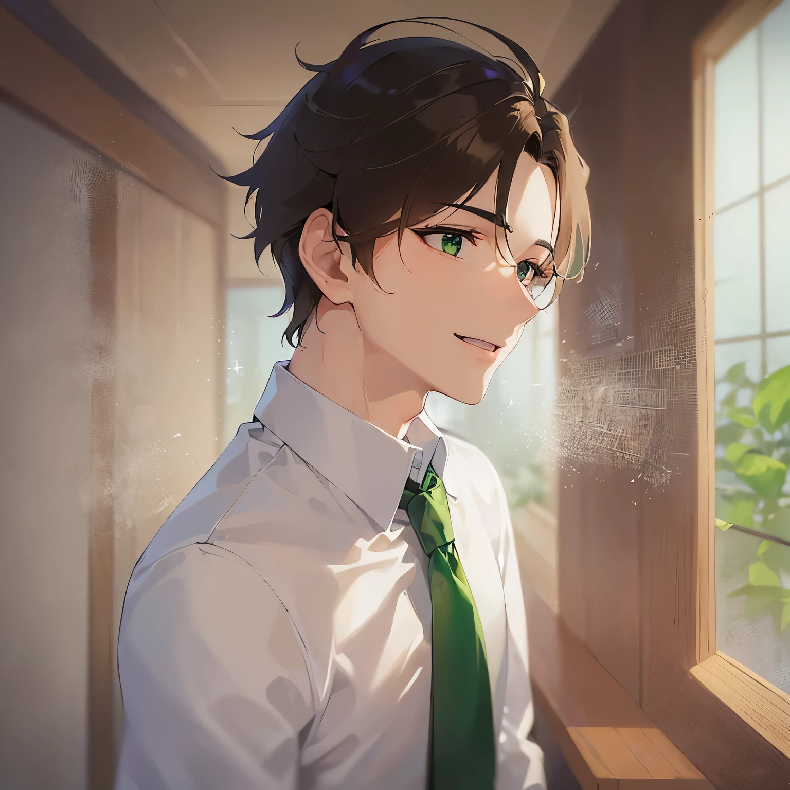 BREAK (25-year-old male:1.5) and (Brown short hair) and (Green Eyes),BREAK,(looking at viewer:1.5)Upper Body, Side shot、
shiny skin, masterpiece、Highest quality、
(white collared shirt) and (Green tie)、
smile、The background is also the inside of a night izakaya.、(alone:1.5)