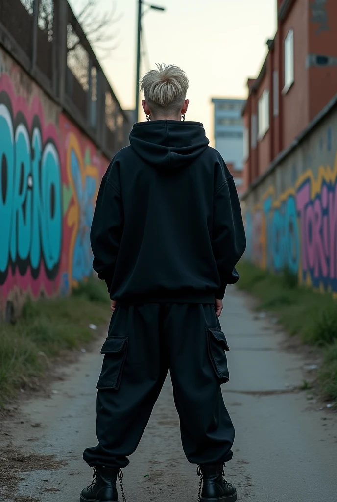 a trap singer, male, dark blond, looked from back, wearing all black clothes, oversized, hoodie, wide trousers, boots, chains, streetwear, standing on ABANDONED STREET WITH GRAFFITIS, y la palabra "torino" en alguna parte