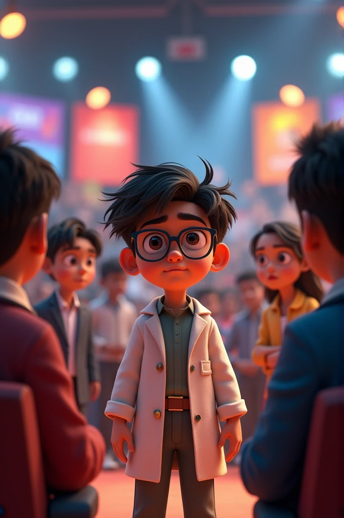 In 3d animation style 'Mohan standing nervously in front of the judges as they examine his science model closely'
