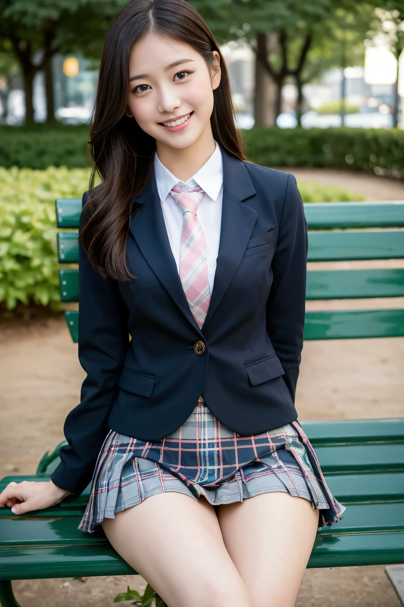 (8K), (highest quality: 1.2), (Realistic), (Realistic: 1.37), Ultra-high resolution, 1 girl, cute, (Embarrassed smile:1.2), (Blushing:1.4),Mouth closed, Beautiful details, Beautiful Nose, black straight Hair, giant dulcefo, pork, Thighs,Navel exposed,University Student Uniform,A simple blazer,Pleated skirt,(The skirt and tie are tartan check pattern.:1.3),Platform boots, (sitting on a park bench:1.2),(Shiny Thighs:1.2), medium shot