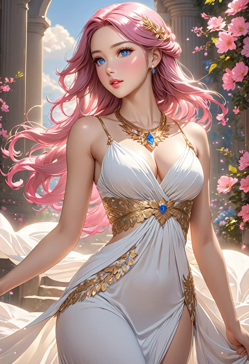 ((best quality)), ((artwork)), ((extremely detailed face)), ((perfect lighting)), ((extremely detailed CG)), ((perfect hands, perfect anatomy)),
Appearance= Tall, slender, voluptuous figure, large bust, narrow waist, curvaceous , light skin, youthful, ravishingly beautiful, high forehead, delicate features, full lips; sapphire eyes; very long, flowing pink hair
Personality= Kind, generous, virtuous. Clothing= Long sleeveless white dress greek style, wide gold necklace around her body to the waist
Occupation= Dawnstar, Princess Starfall
Reputation= The most beautiful woman in the world