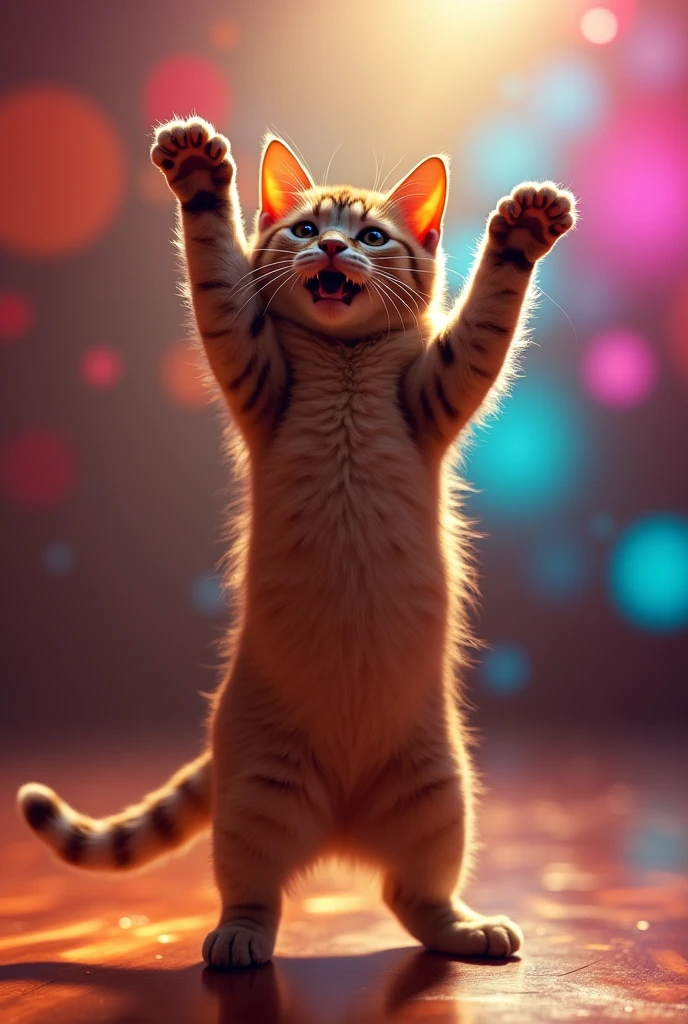 A cat dancing standing up，hands raised，Sexy action，