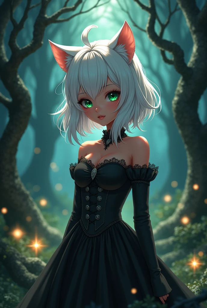 Anime girl with brown skin, green eyes, white hair, and cat ears wearing a black gothic dress. 