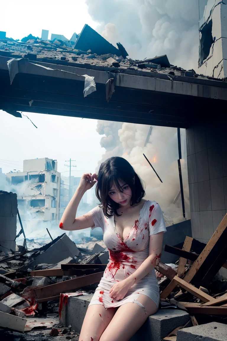 A woman, wounded and bleeding, explodes amidst the burning rubble. Tokyo rain, detailed real photos.