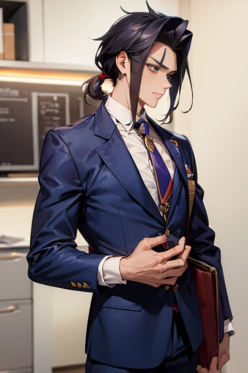 high school student,height: 175cm,Practical Muscles,Slim Macho,Domon Kash,Old scar on left cheek,Anatomically correct, Corruption, Attention to detail, Textured skin, Ultra-high resolution, High School Uniform、Navy blue blazer,White shirt,Grey slacks,Leather shoes,Textured skin, Ultra high definition, A series of character actions, Japanese illustration style, A little young
