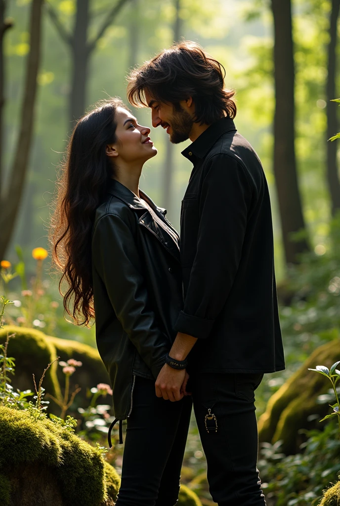 A white girl with long, dark brown hair and dark brown eyes, and a rockstar boy who dresses in black with dark brown hair and grey eyes, are dating and are in a forest.