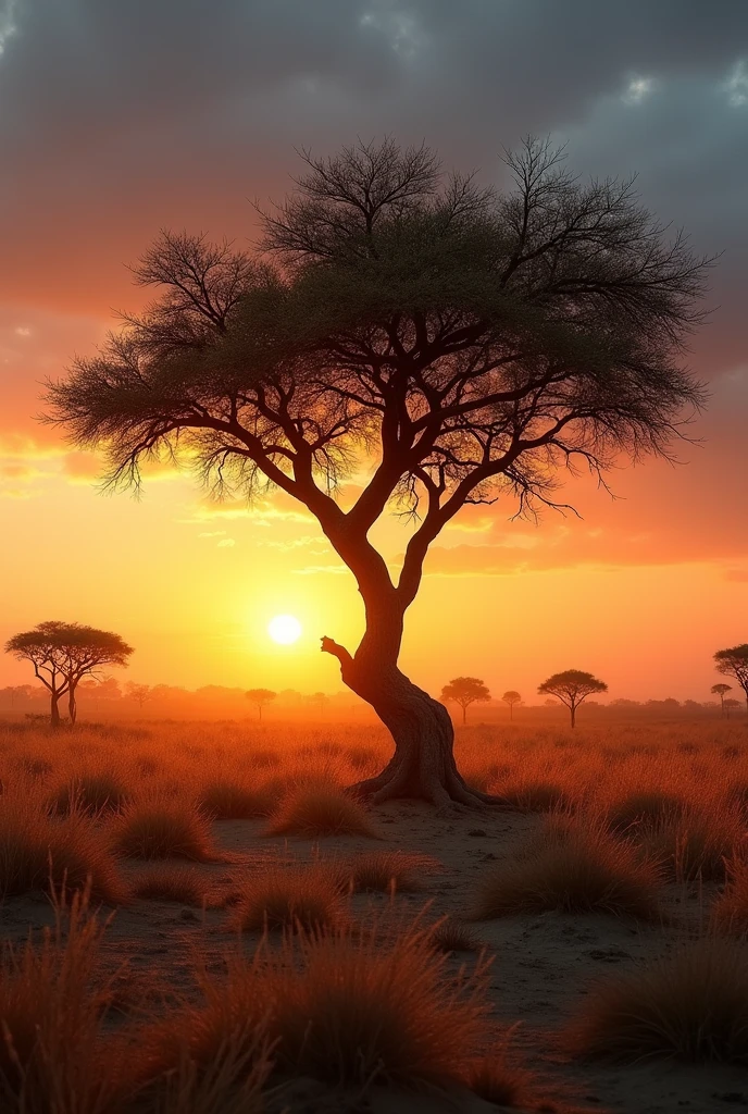 Let's delve deeper into the description of the image!
The tree:
* Roots: Though not visible, the roots of the tree probably extend deep into the soil, seeking water and nutrients. This image evokes the idea of the tree's resilience and adaptation to the environment.
* twigs: The twisted branches suggest that the tree has been through many years, resisting strong winds and adverse weather conditions. The direction of the branches may indicate the predominant wind direction in the region.
* Sheets: The leaves of the tree, though not visible due to the silhouette, are probably small and adapted to conserve water, a common feature in trees of dry regions.
The sky:
* clouds: Although there are no visible clouds in the image, the absence of them may indicate a calm and rainless afternoon, typical of arid regions.
* colors: The gradient of colors in the sky, from intense orange to yellow, may suggest the presence of dust particles in the atmosphere, scattering sunlight and creating a spectacular visual effect.
The Field:
* vegetation: Beyond the tall grass, there may be other smaller plants or shrubs scattered across the field, forming a complex ecosystem.
* 独奏: The soil of the field, although not visible, it is probably sandy and poor in nutrients, typical of dry regions.
Atmosphere and Feelings:
* loneliness: The tree solitária no campo evoca uma sensação de isolamento e solidão, but also strength and resilience.
* tranquillity: The absence of movement and the serene sky convey a sense of peace and tranquility.
* hope: the sunset, with its warm and vibrant colors, may symbolize the end of a day and the beginning of a new one, conveying a sense of hope and renewal.
Possible Interpretations:
* Life Cycles: The tree, with its deep roots and twisted branches, may represent the strength of life and the ability to overcome challenges. the sunset pode simbolizar a passagem do tempo e a inevitabilidade da mudança.
* Connection with nature: The image can be seen as a celebrati