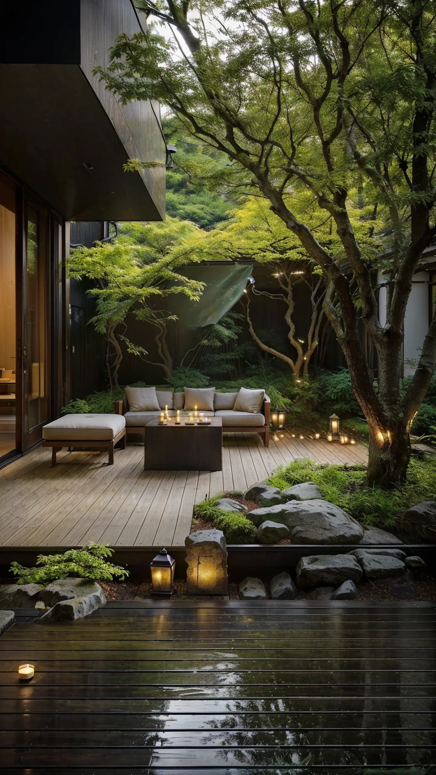 View of the terrace with sofas and table with candles, relaxing environment, Soothing and comfortable landscape, Some leaves have turned yellow，autumn，Tree-lined, Peaceful forest environment, Nestled in a dense forest, Lush Japanese scenery,  Excellent composition, Magical environment, outdoor design, beautiful and aesthetic, Quiet and peaceful atmosphere, Beautiful terrace, 