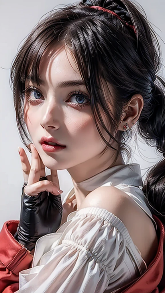((Beautiful Face:1.4)), (Purelos Face_v1: 1.0), Half Body,((White simple background)),one person, return,((Natural Big Breasts:1.0)), (Beautiful Japanese Women),bangs, Exposing shoulders, black gloves, Blue eyes, Braiding, choker, Earrings, fingerless gloves, From behind, gloves, Grey Hair, Holding, Jacket, jewelry, Long Hair, View your viewers, looking return, Manicure, Off the shoulder, Lips parted, Earrings, ponytail, red Jacket, alone, Upper Body,[[Realistic]],(Glowing Skin),(masterpiece:1.4),(Highest quality:1.4)