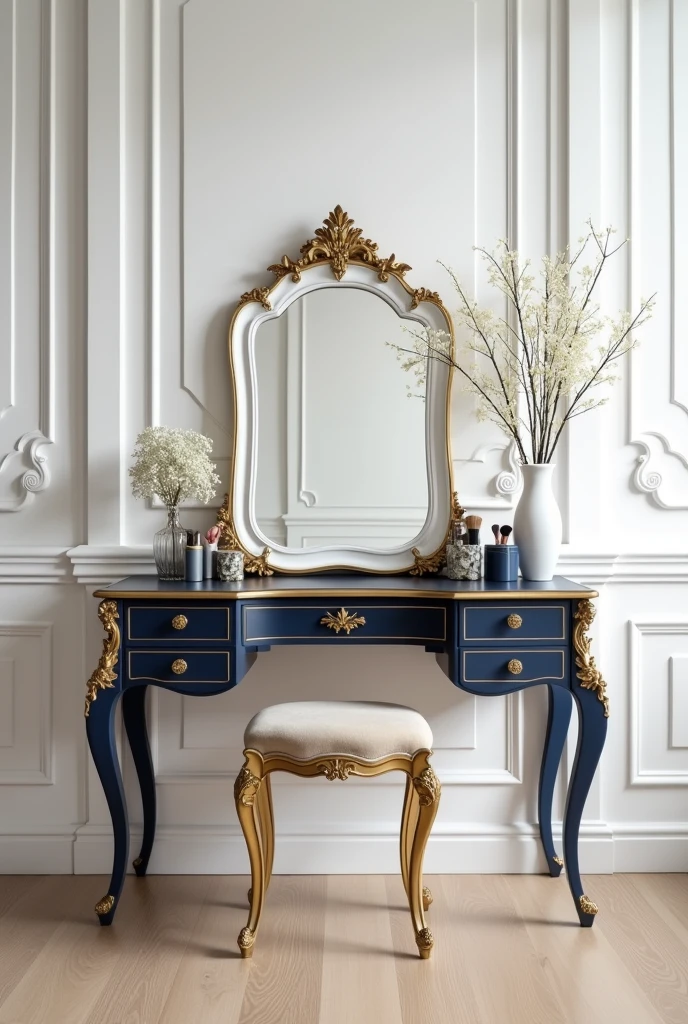 Professional 3d architecture rendering design of modern and gold French design for matte white  and dark blue makeup table with beautiful mirror and white wall and elegant accessories and white mirror and light laminate floor 