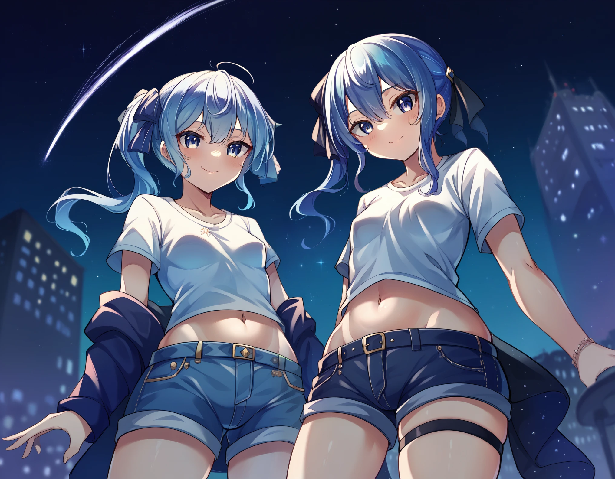 (8k、Best image quality、highest quality、masterpiece)、Detailed face、 One girl、Blue Hair、Long Hair、sideponytail、dark_blue_eyes、smile,navel,Moderate_torso、small_breasts,((White T-shirt))、Off the shoulder、Black shoulder straps、((open_front_denim_short_shorts))、Cowboy Shot、Shoot from below、City Background, starry_sky_landscape ,hoshimachi suisei, skiny,(covered_nipples:0.3), belly button