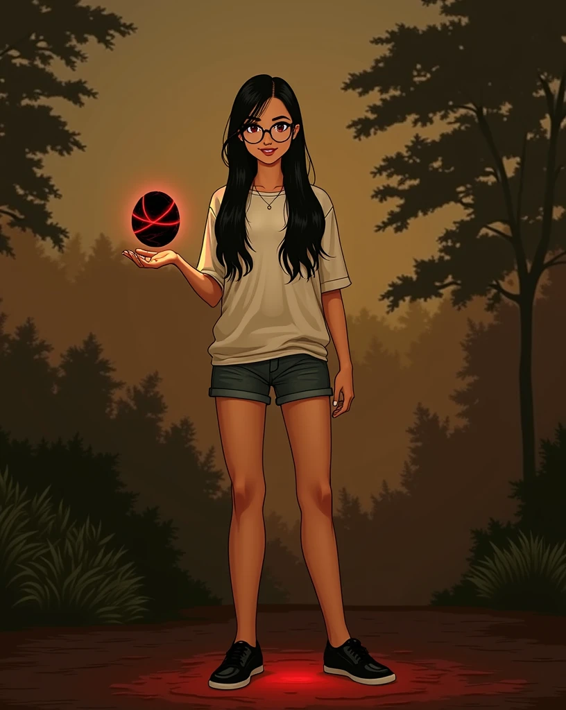 A teenager from , Latin American skin, black hair long, slickedback hair, very beautiful, wears round glasses, eyes black. She wears a t-shirt and jeans and holds a stone in her hand. The stone is black and has bright red streaks. The red streaks on the stone shine red and this red light illuminates her face.