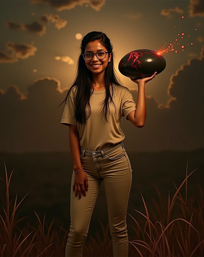 A teenager from , Latin American skin, black hair long, slickedback hair, very beautiful, wears round glasses, eyes black. She wears a t-shirt and jeans and holds a stone in her hand. The stone is black and has bright red streaks. The red streaks on the stone shine red and this red light illuminates her face.