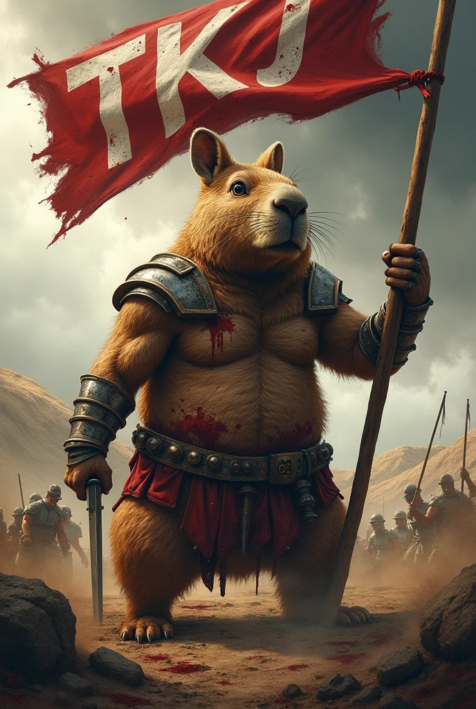 Create an image of a Spartan capybara holding a flag that reads TKJ, covered in blood from war.