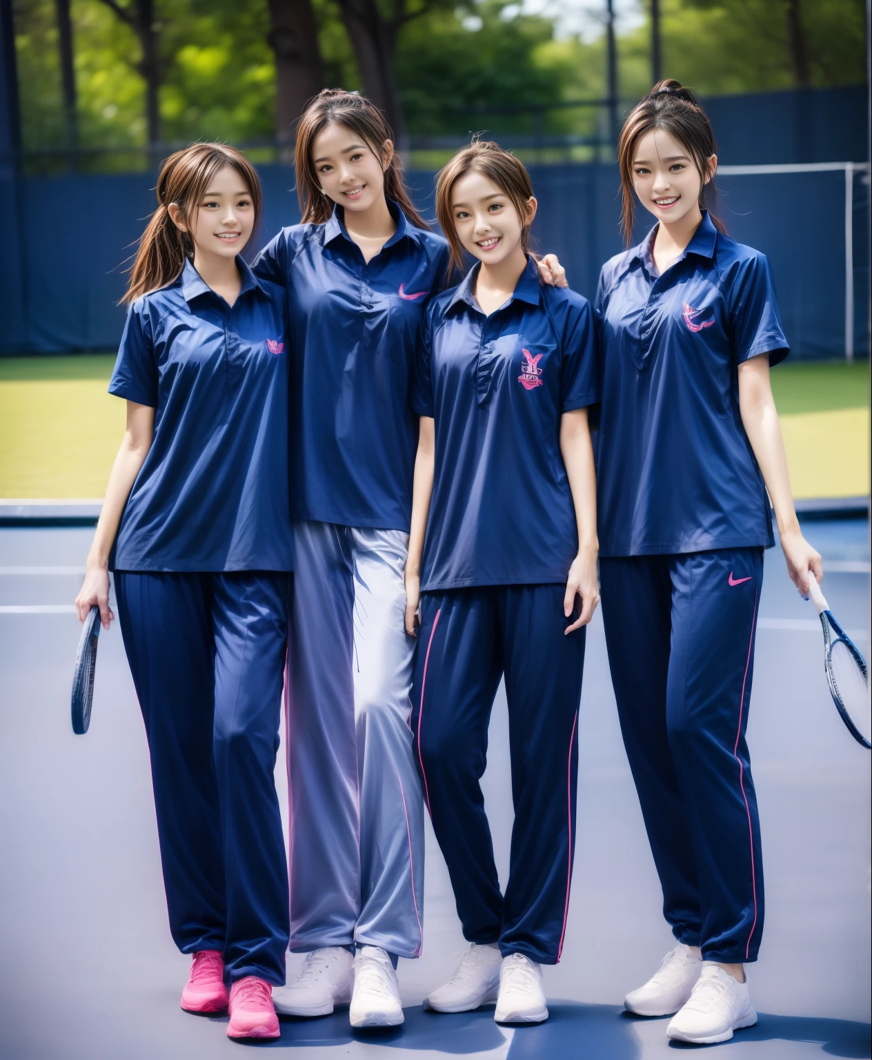 3 girls play tennis at tennis courts, Navy blue short-sleeved shirt,Navy Long Trackpant,Sweatpants, Sweatpantsขายาว,25 year old girl, lesbian, sexy, exercise clothes, wet body, exercise clothes