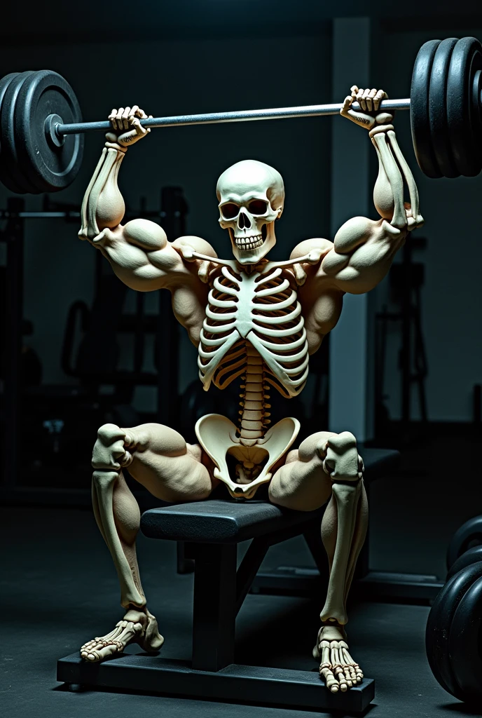 Skeleton working out at the gym. But this should only have the skull, the rest of the body should show muscles like a bodybuilder. Do it sitting on a weight bench 