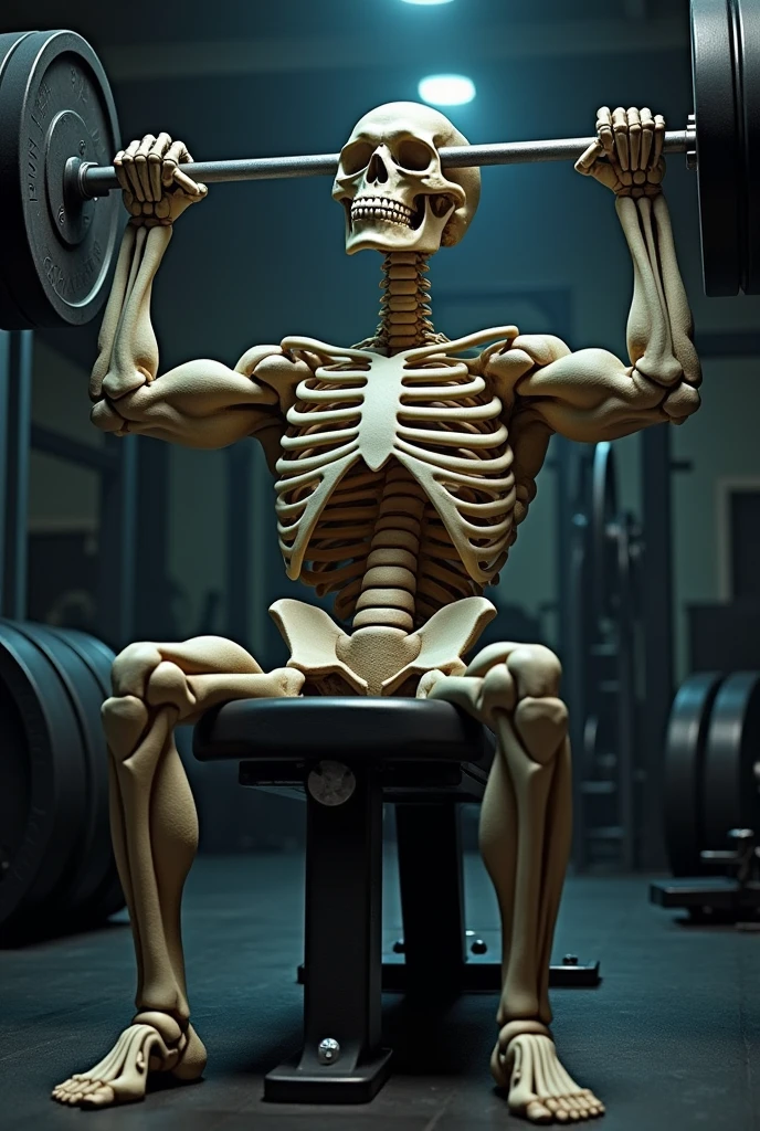 Skeleton working out at the gym. But this should only have the skull, the rest of the body should show muscles like a bodybuilder. Do it sitting on a weight bench 