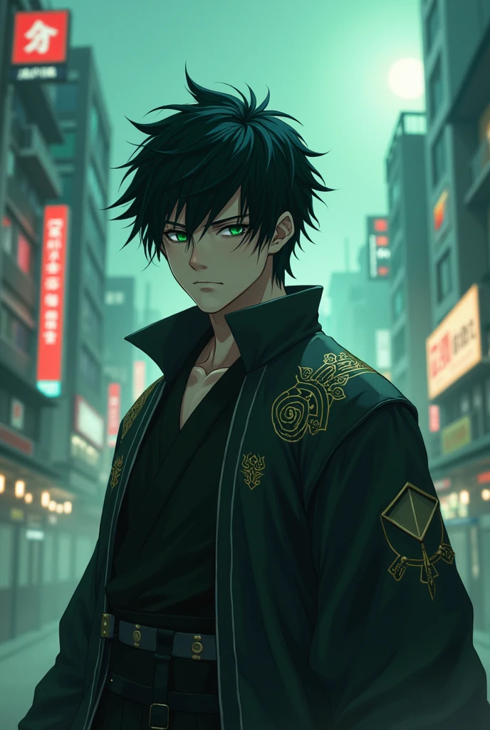 Ok, create a character in the style of the Jujutsu Kaisen anime with 1.80m
With 18 years old
Black hair
Green eyes