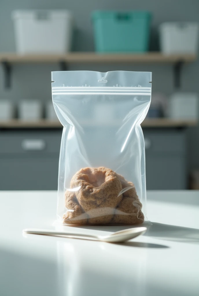 bag with solid stool sample and a plastic spoon to the side 