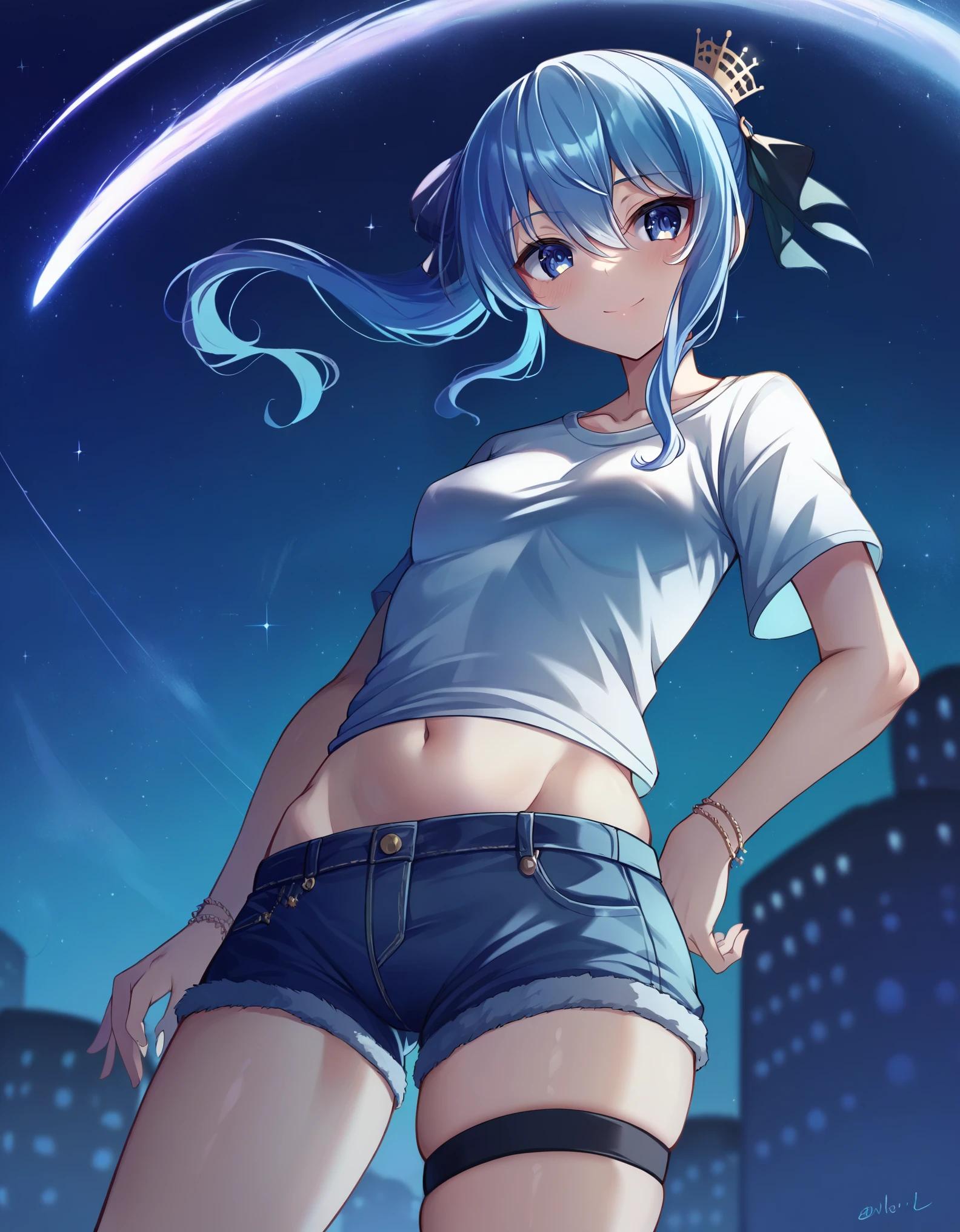 (8k、Best image quality、highest quality、masterpiece)、Detailed face、 One girl、Blue Hair、Long Hair、sideponytail、dark_blue_eyes、smile,navel,Moderate_torso、small_breasts,((White T-shirt))、Off the shoulder、Black shoulder straps、((open_front_denim_short_shorts))、Cowboy Shot、Shoot from below、City Background, starry_sky_landscape ,hoshimachi suisei, skiny,(covered_nipples:0.3), belly button