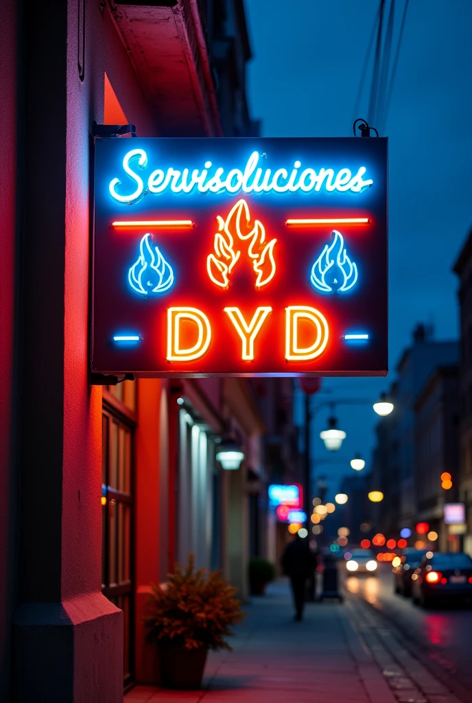 Neon business sign that says Servisoluciones D Y D that has a fire logo, current, Gas and fireplaces that have a good presence 