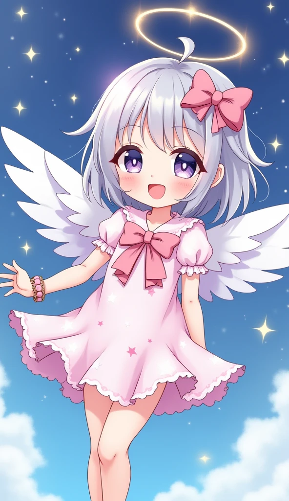 A cute anime style angel girl，With big sparkling eyes and a sweet smile，Floating in the sky。She has fluffy white wings，Soft pastel-colored hair flowing gracefully。She wore a frilly dress decorated with stars with ribbons and bows。surrounded by twinkling stars，Enhances the magical atmosphere。There is a soft glow in the scene，Presents a dream、Cute and adorable feeling，Similar to the characters in the second dimension。