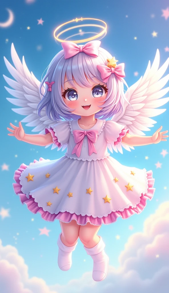 A cute anime style angel girl，With big sparkling eyes and a sweet smile，Floating in the sky。She has fluffy white wings，Soft pastel-colored hair flowing gracefully。She wore a frilly dress decorated with stars with ribbons and bows。surrounded by twinkling stars，Enhances the magical atmosphere。There is a soft glow in the scene，Presents a dream、Cute and adorable feeling，Similar to the characters in the second dimension。