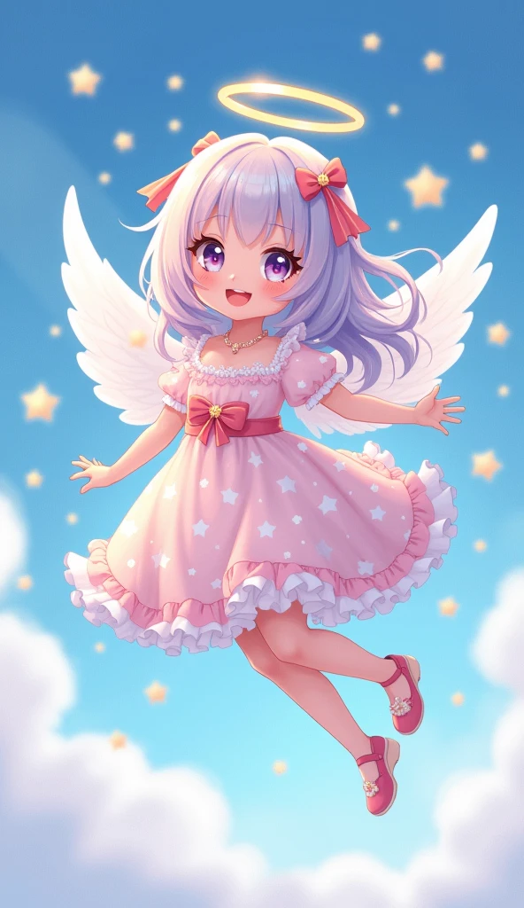 A cute anime style angel girl,With big sparkling eyes and a sweet smile,Floating in the sky。She has fluffy white wings,Soft pastel-colored hair flowing gracefully。She wore a frilly dress decorated with stars with ribbons and bows。surrounded by twinkling stars,Enhances the magical atmosphere。There is a soft glow in the scene,Presents a dream、Cute and adorable feeling,Similar to the characters in the second dimension。