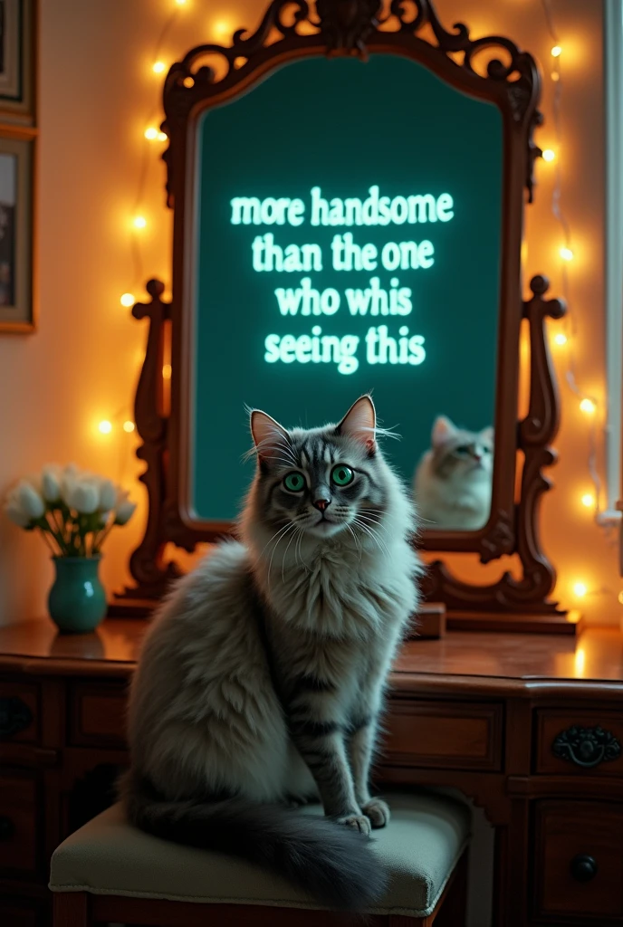 Let the mirror point at the screen and the cat look at the screen too... and the message appears: "more handsome than the one who is seeing this"
