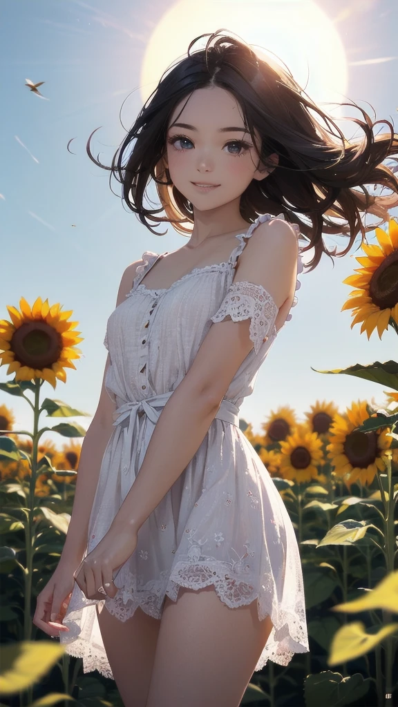 very cute and beautiful girl,frilled white sun dress with detailed lace,(highly detailed beautiful face and eyes:1.2),
standing in middle of sunflower field,beautiful summer sky,
mid shot,(smile),black hair,dynamic pose,detailed legs,
(best quality,masterpiece:1.2),absurdres,highres,ultra-detailed,extremely detailed,32k,8k resolution,
intricate details,cinematic scene,detailed background,solo,dynamic angle,
solo,hair fluttering in the wind,